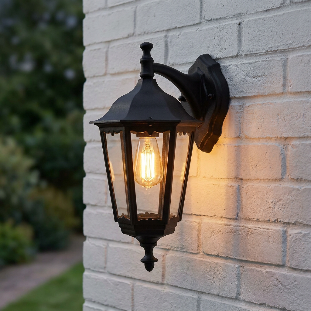 Searchlight Bel Aire black lantern wall light with a glowing bulb mounted on a white brick wall.