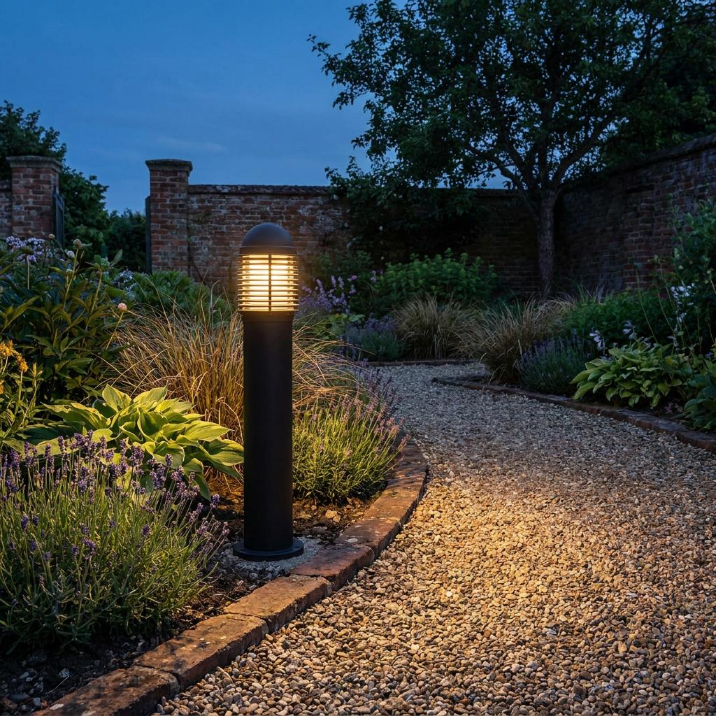 A black outdoor bollard light illuminating a gravel garden path with a warm glow at twilight.