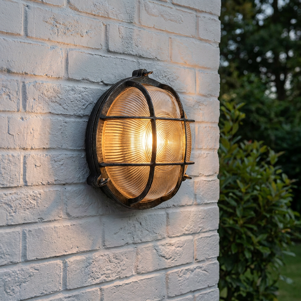 Searchlight Bulkhead Round Black & Silver Outdoor Wall Light