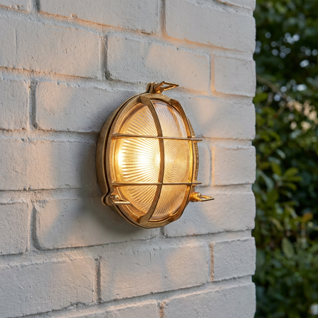 Searchlight Bulkhead Round Solid Brass IP64 Outdoor Wall Light - Ribbed Glass