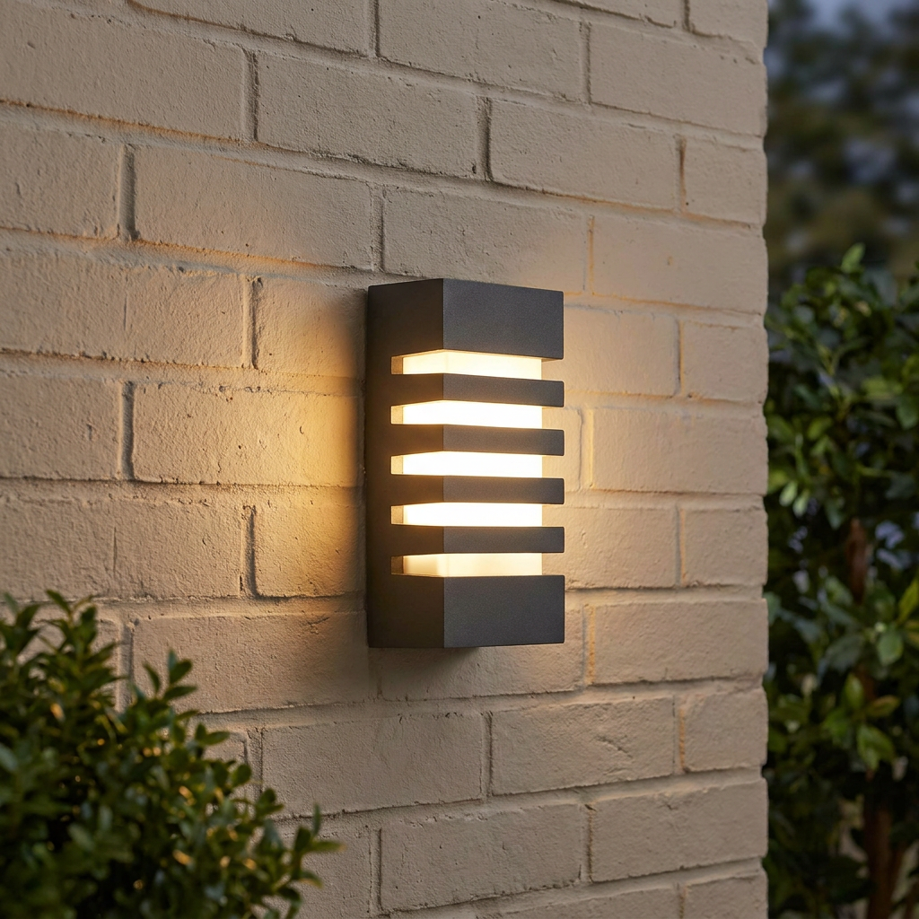A modern grey grilled outdoor wall light glowing on a brick wall.