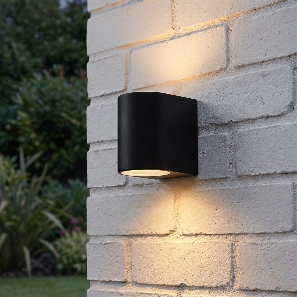 Modern black LED outdoor wall light mounted on a white brick wall, casting a warm glow.