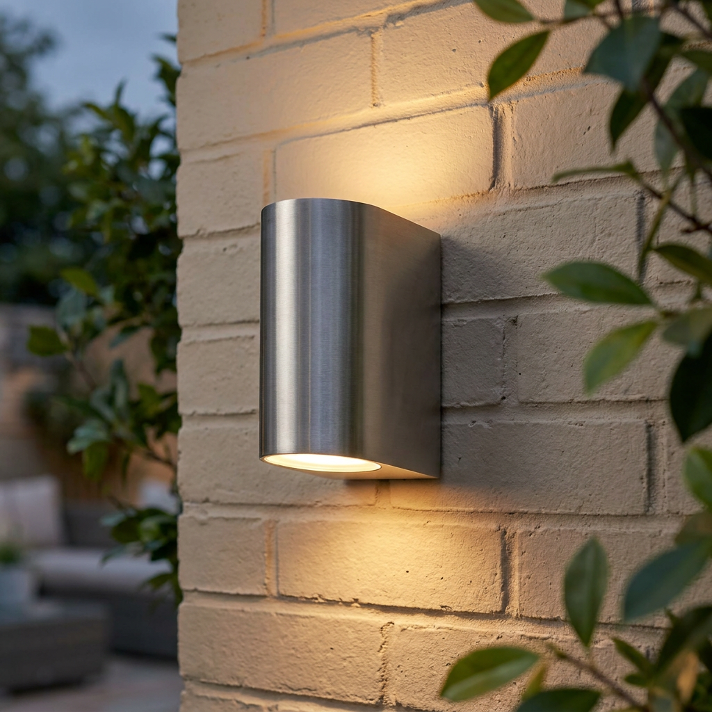 Modern silver up and down wall light on a light brick exterior wall, casting warm pools of light.