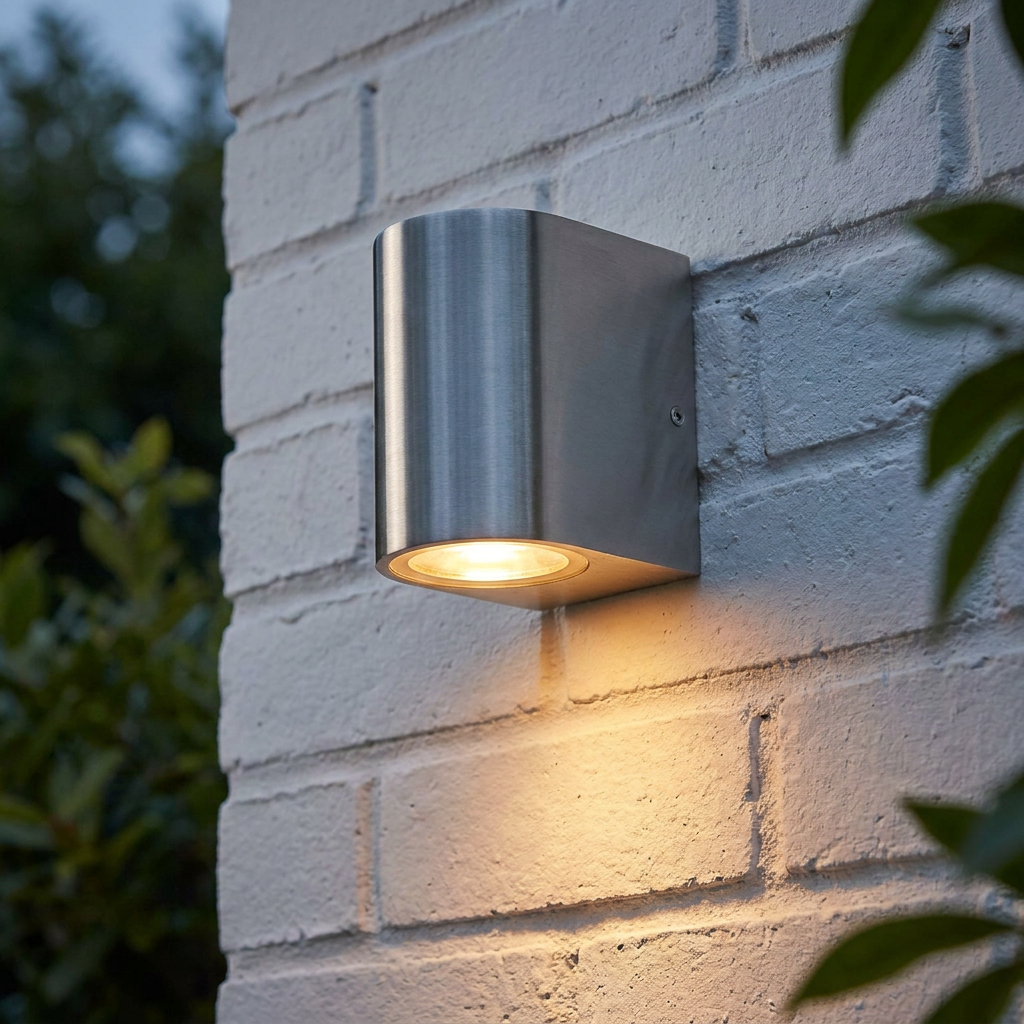 Brushed silver cylindrical wall light casting a warm downward glow on a white brick exterior wall.