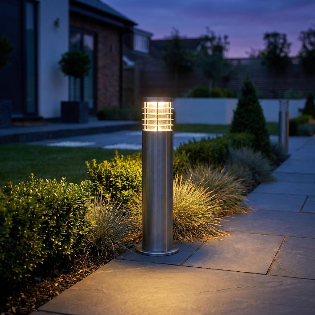 Modern stainless steel bollard light with a louvred top illuminates a garden path at dusk.