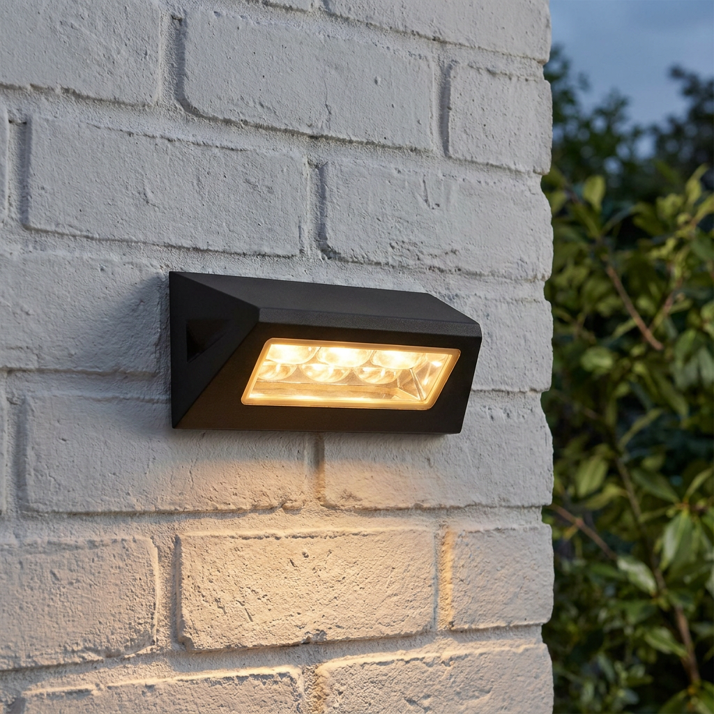 A black geometric LED wall light glowing with warm light on a white painted brick wall.