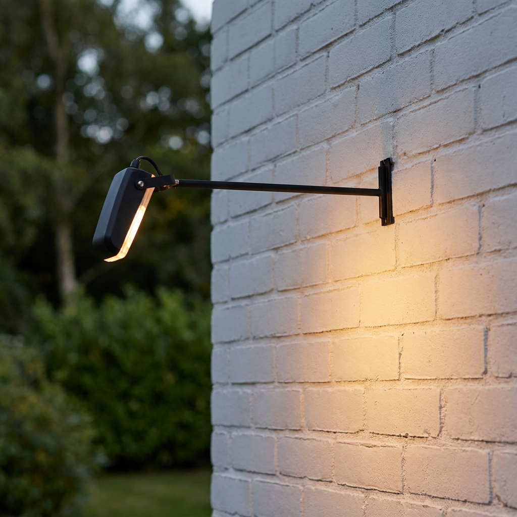 Black long-arm outdoor sign light illuminating a white brick wall with a warm glow.