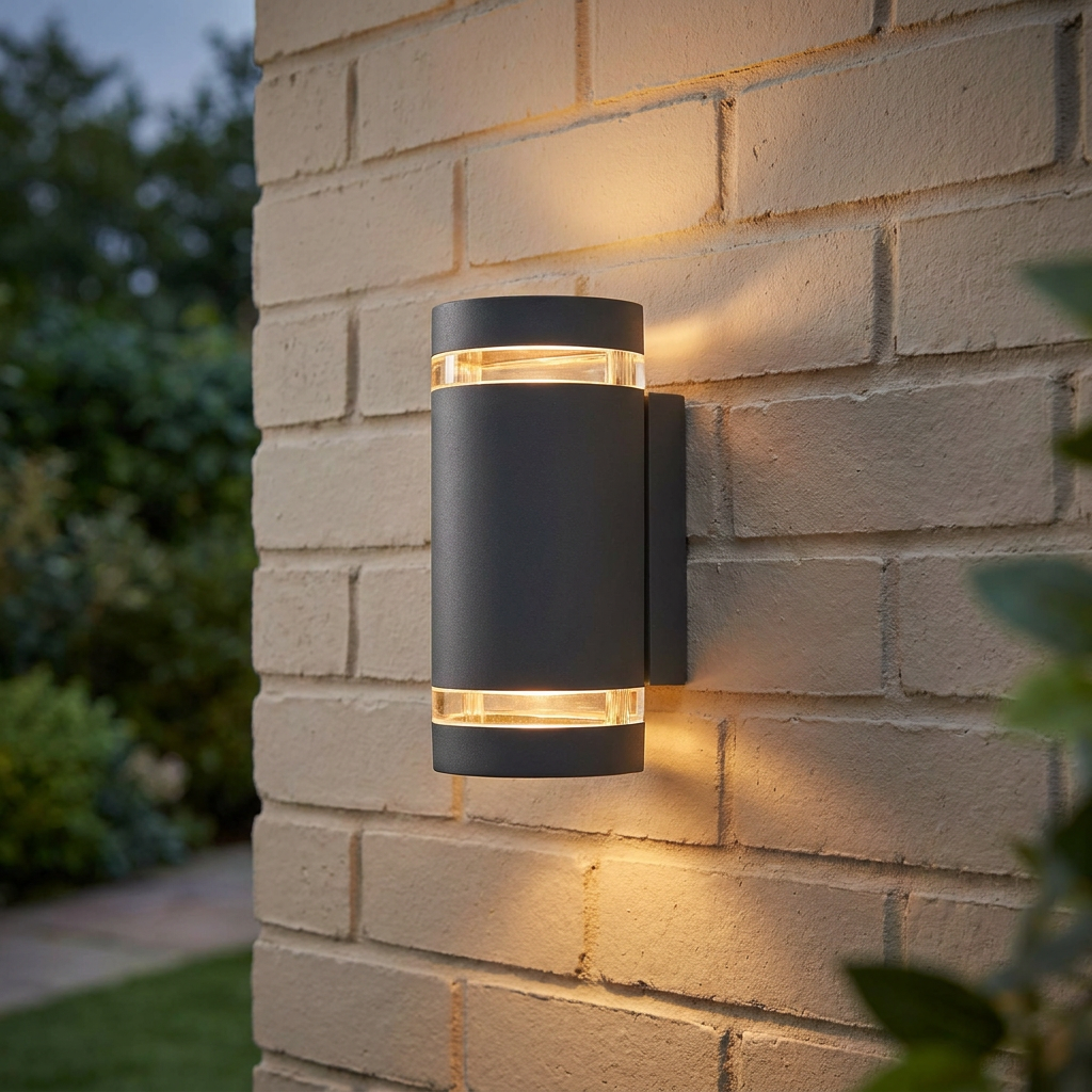 Cylindrical grey up/down wall light with clear glass windows glowing on a light brick exterior wall at dusk.