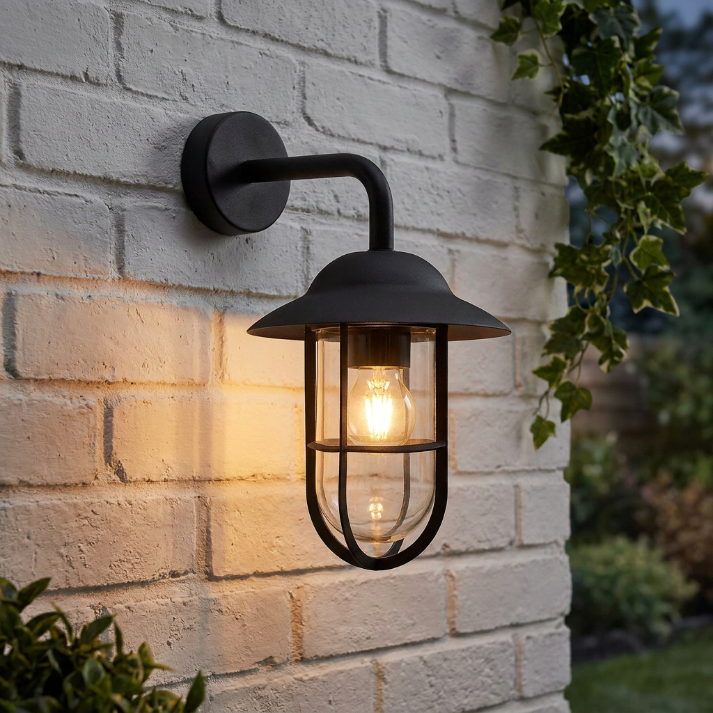 A Toronto black outdoor wall lantern with clear glass and a cage design, glowing on a white brick wall.