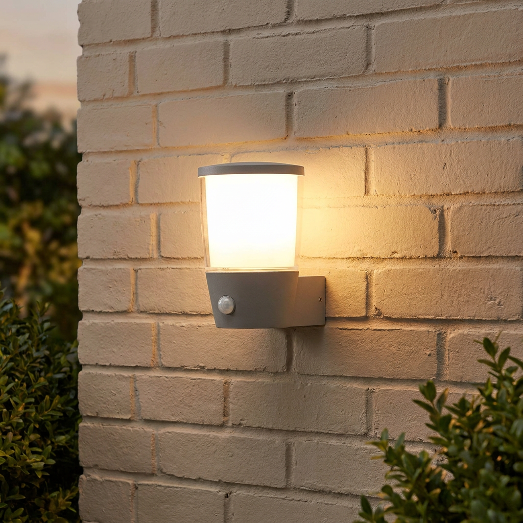 Lit grey Tucson outdoor wall light with PIR sensor mounted on a light brick wall.