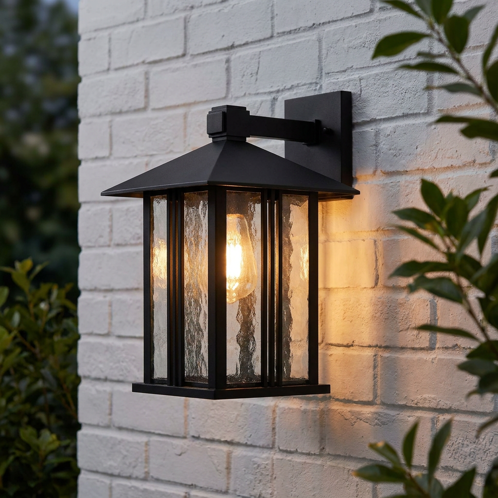 Illuminated black lantern wall light with textured water glass panels mounted on a white brick wall.