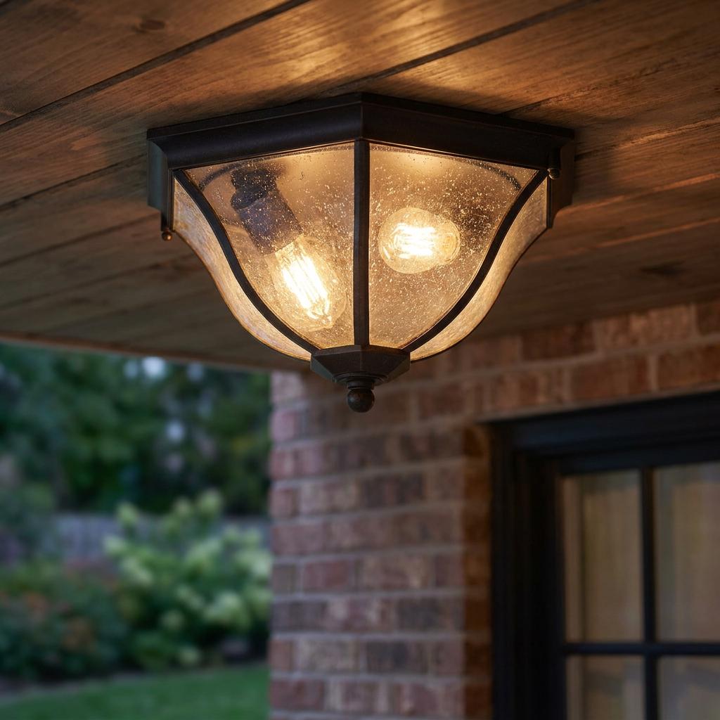 Traditional bronze flush-mount outdoor ceiling light with seeded glass, mounted on a wooden porch ceiling.