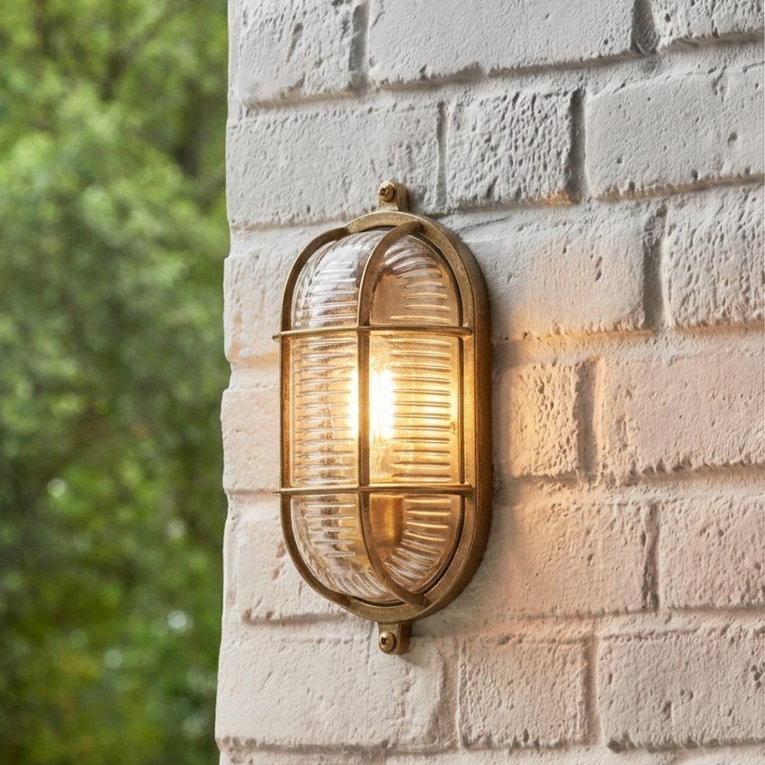 Searchlight Bulkhead Oval Solid Brass IP64 Outdoor Wall Light - Ribbed Glass