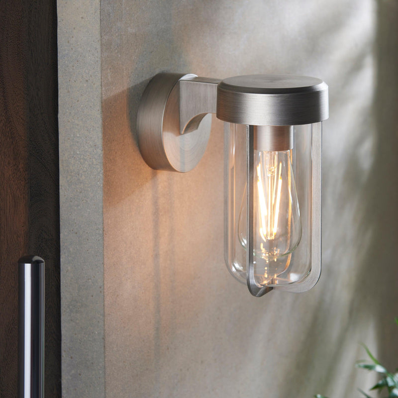 Newquay Brushed Silver Outdoor Wall Light - Glass Shade
