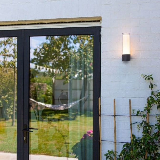 Lutec Dropa Colour Changing Outdoor LED Wall Light - Dark Grey 5000501118 fixed outside a patio door