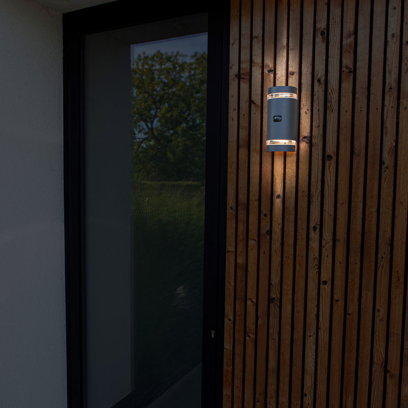 Lutec Focus Grey Outdoor Up & Down Wall Light - PIR Sensor 5604014118 fixed outside next to a door